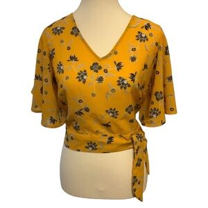 Japna Yellow With Floral Print Flutter Sleeves/Open Back Wrap Blouse/ Size S